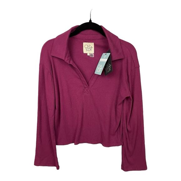 Chaser Open V-Neck Ribbed Long Sleeve Distressed Top in Plum‎ Size S NWT - Picture 1 of 8